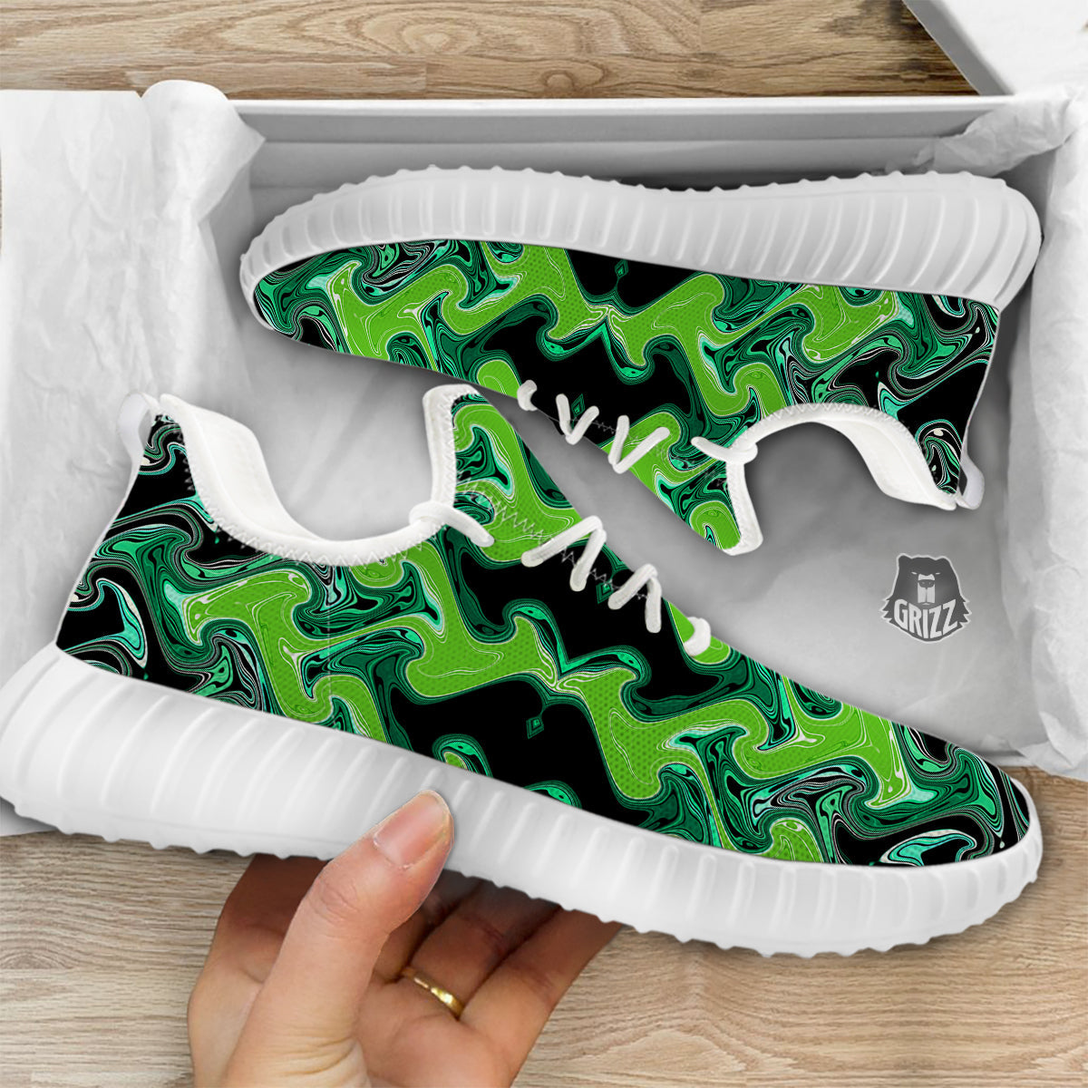 Psychedelic Wave Liquid Green Print White Walking Shoes-grizzshop