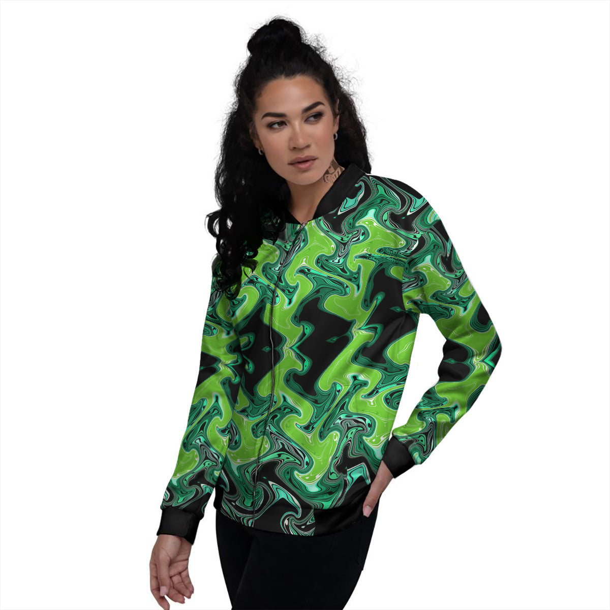 Psychedelic Wave Liquid Green Print Women's Bomber Jacket-grizzshop