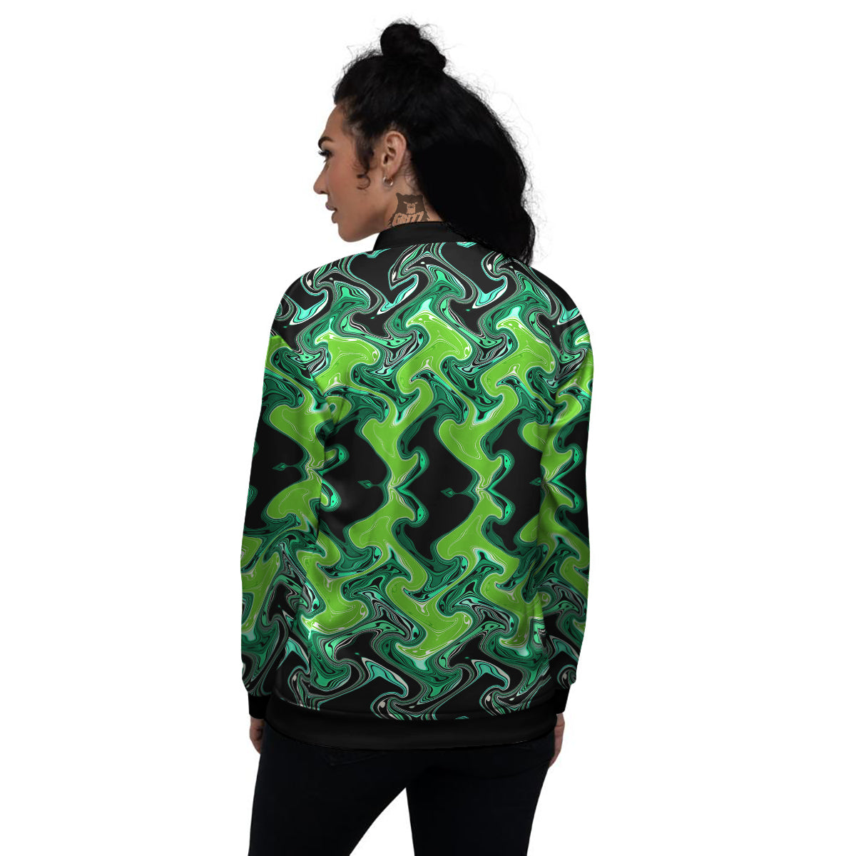 Psychedelic Wave Liquid Green Print Women's Bomber Jacket-grizzshop