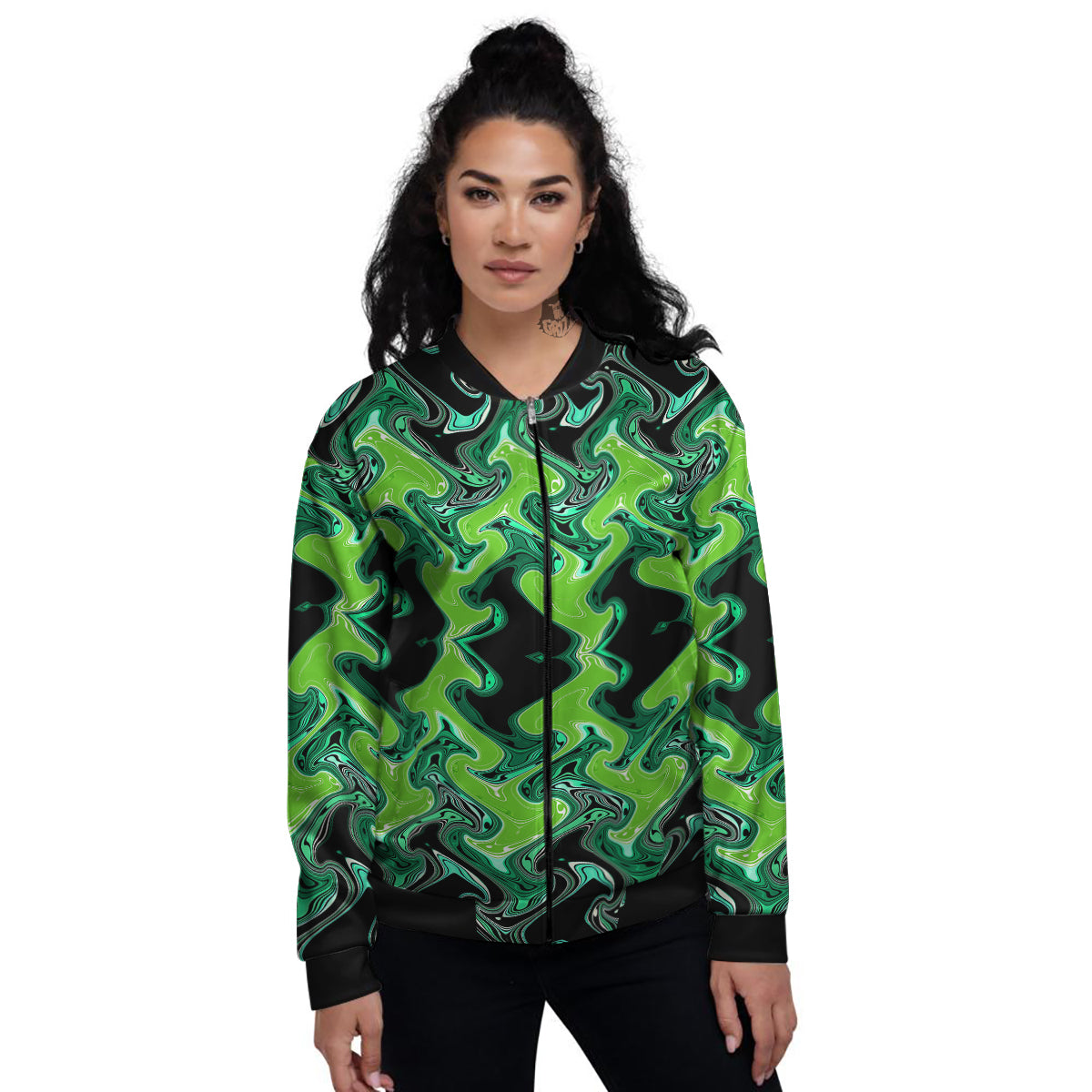 Psychedelic Wave Liquid Green Print Women's Bomber Jacket-grizzshop