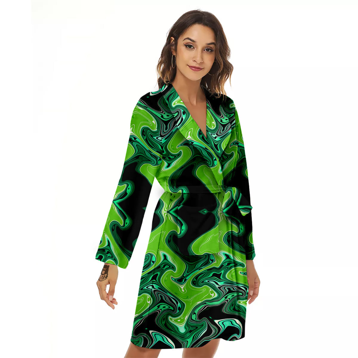 Psychedelic Wave Liquid Green Print Women's Robe-grizzshop