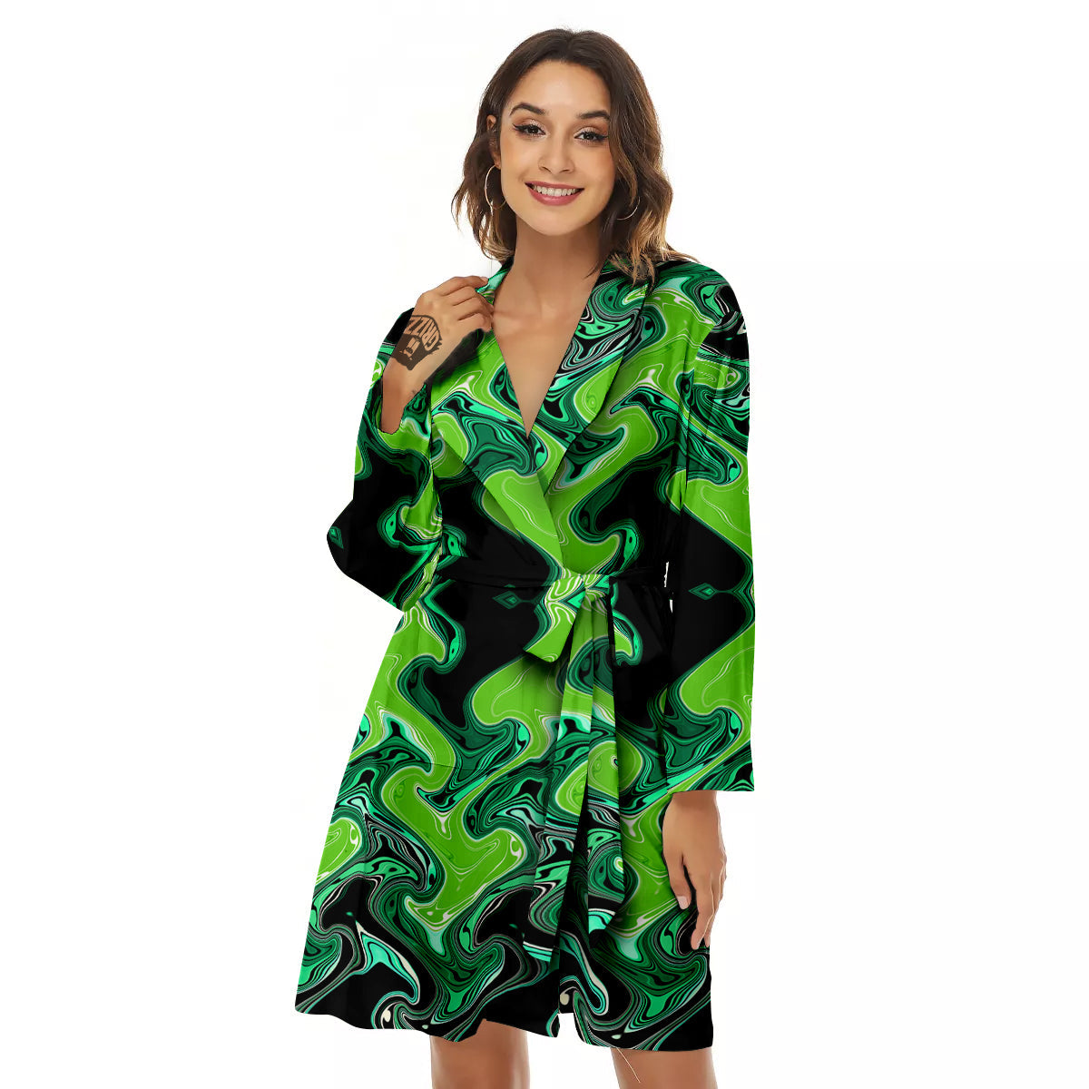 Psychedelic Wave Liquid Green Print Women's Robe-grizzshop