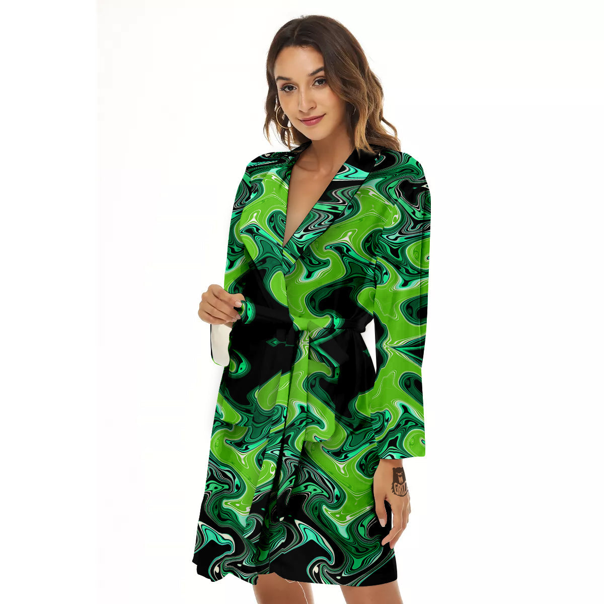 Psychedelic Wave Liquid Green Print Women's Robe-grizzshop