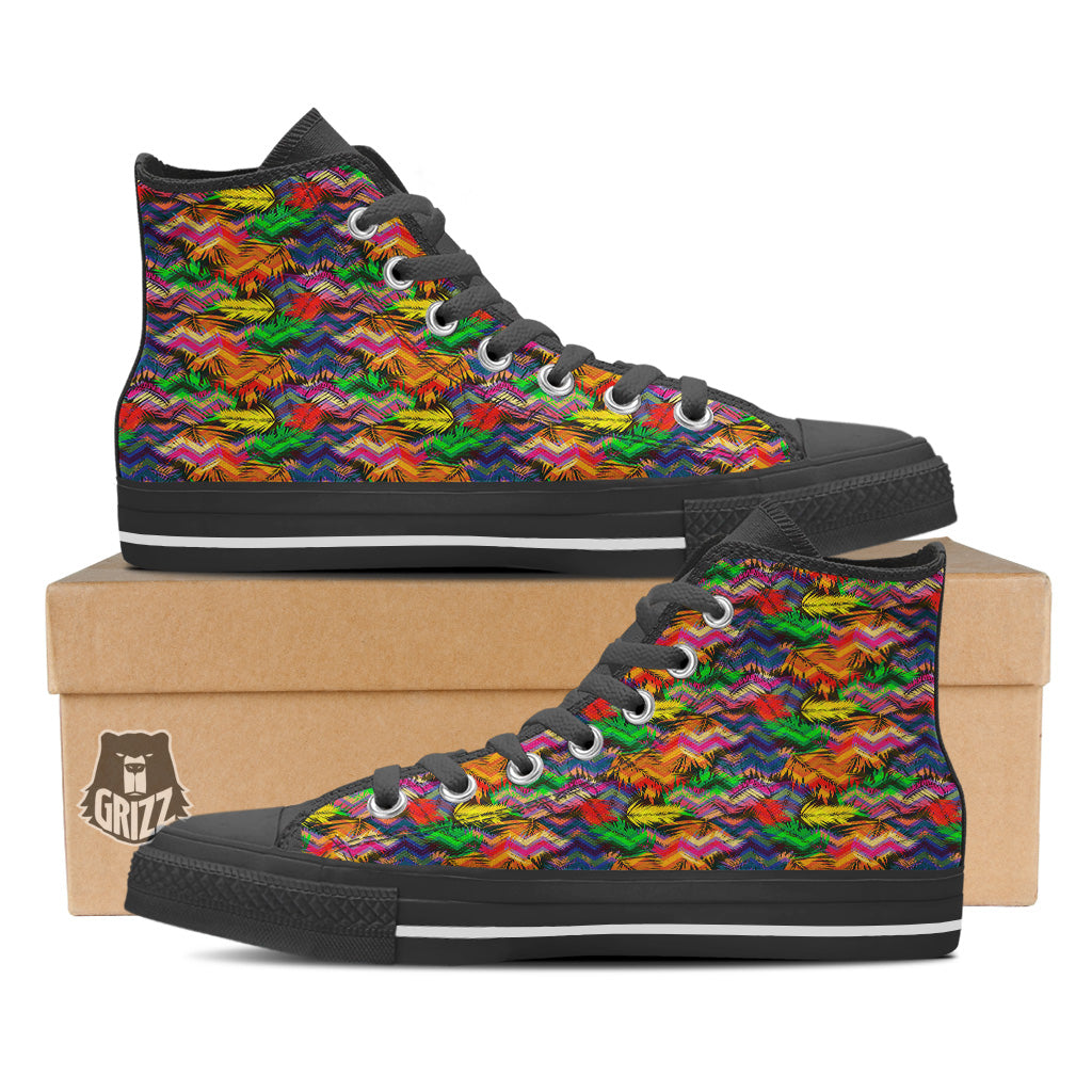 Psychedelic Zigzag Tropical Print Pattern Black High Top Shoes-grizzshop