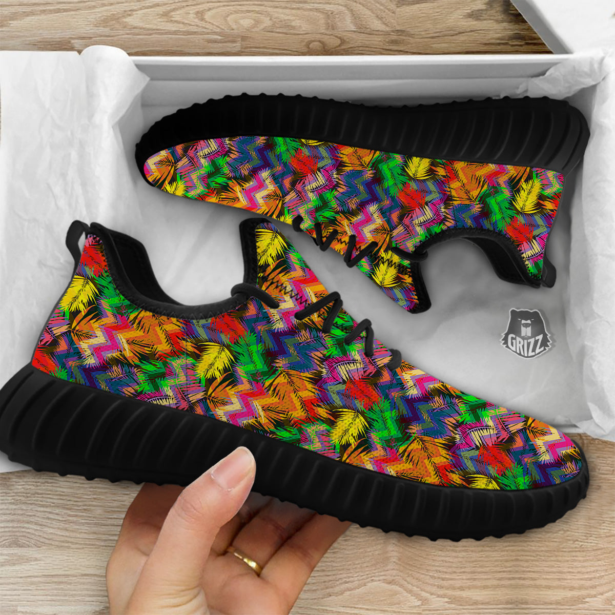 Psychedelic Zigzag Tropical Print Pattern Black Walking Shoes-grizzshop