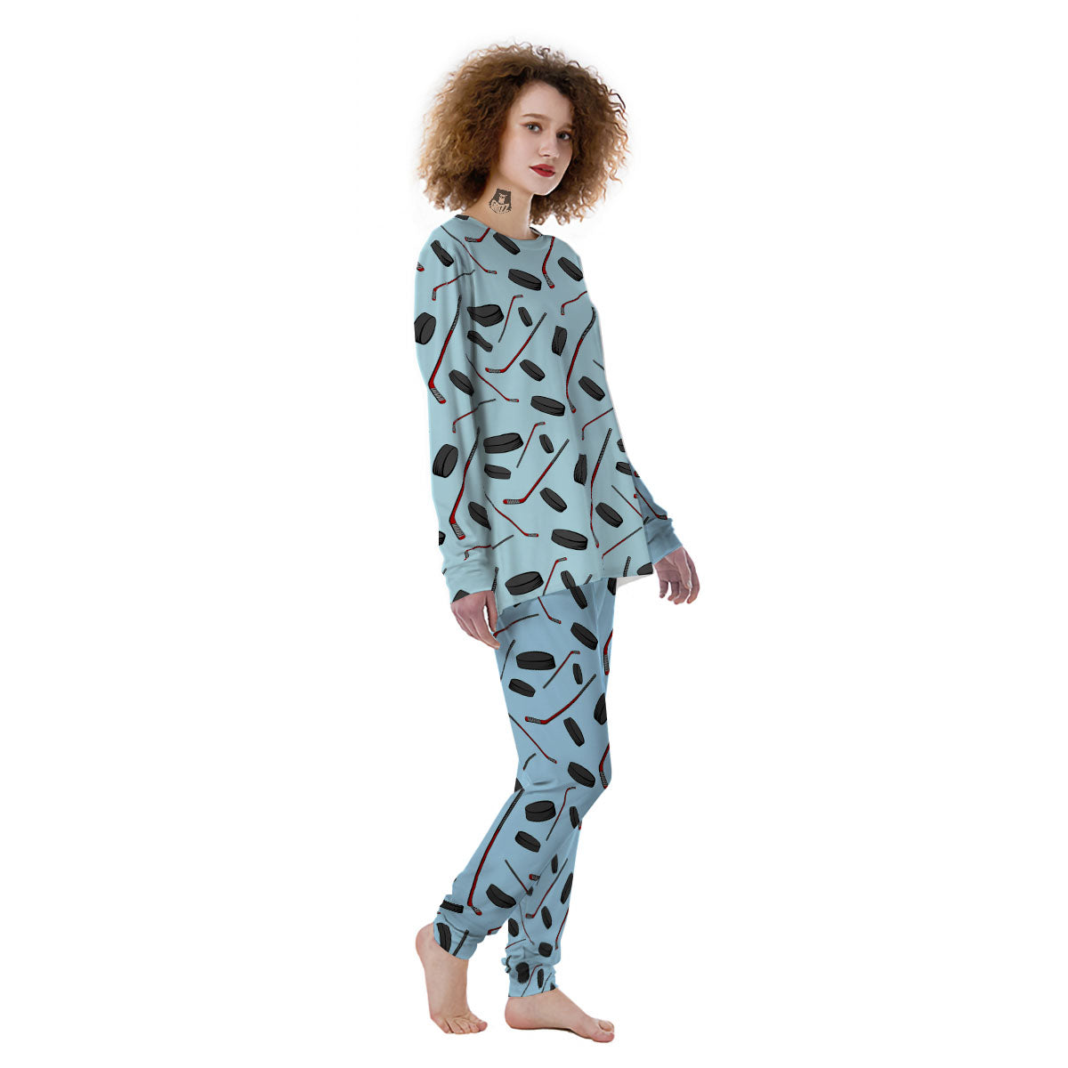 Puck And Hockey Stick Print Pattern Women's Pajamas-grizzshop