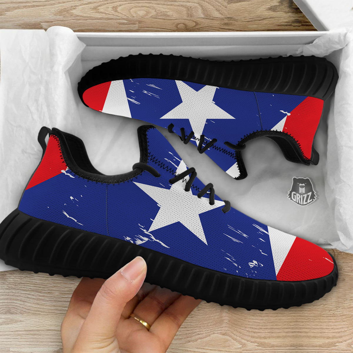 Puerto Rico Flag Print Black Walking Shoes-grizzshop