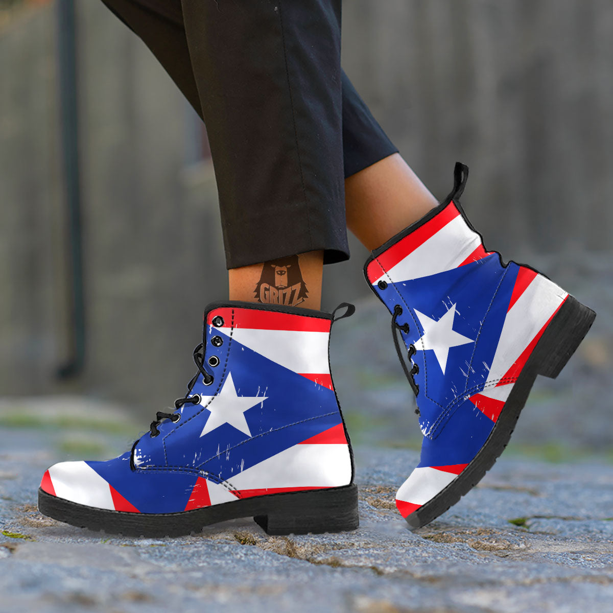 Puerto Rico Flag Print Leather Boots-grizzshop