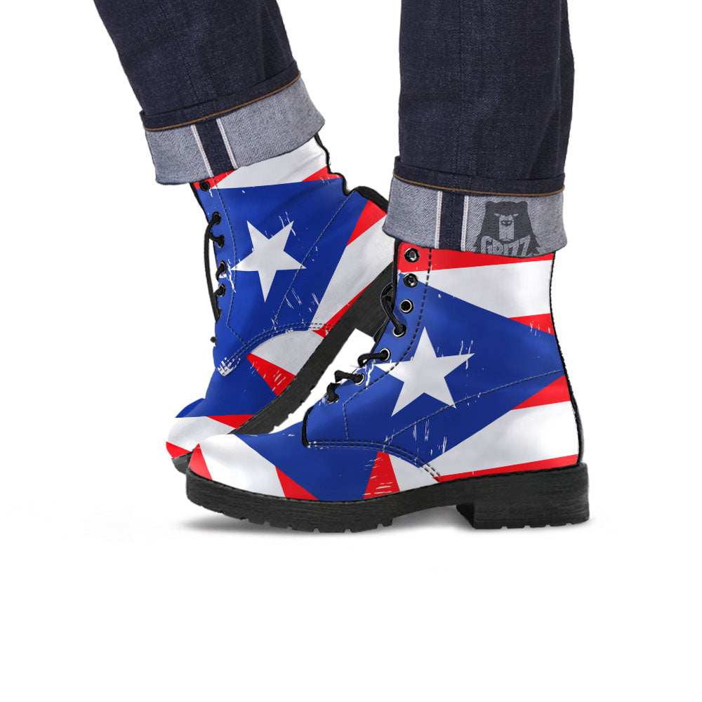 Puerto Rico Flag Print Leather Boots-grizzshop
