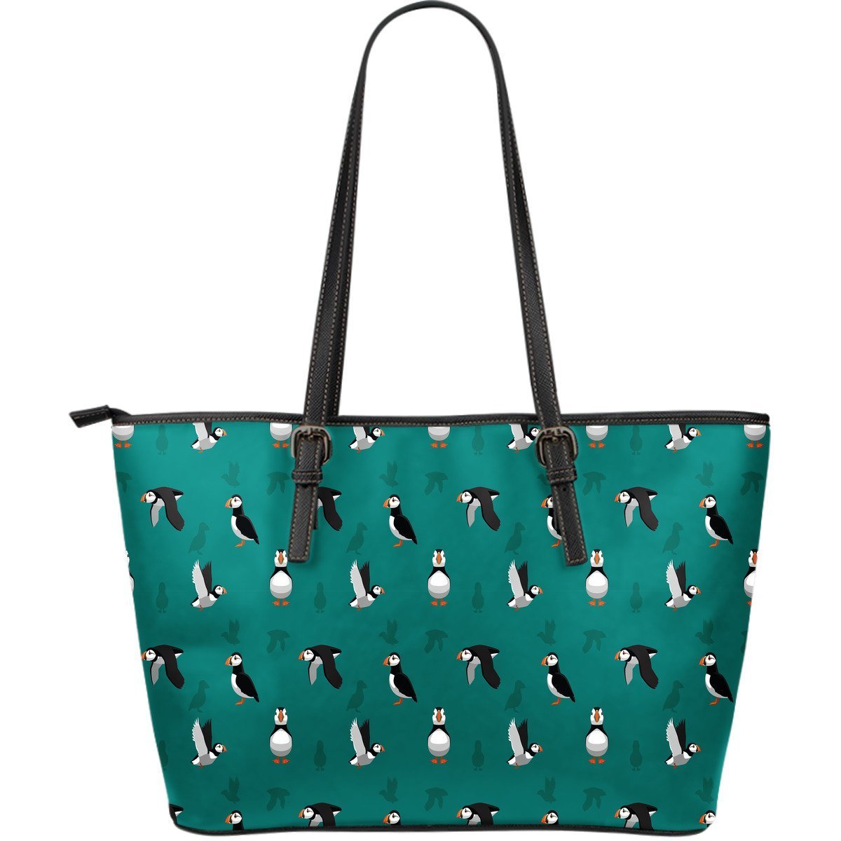 Puffin Pattern Print Leather Tote Bag-grizzshop