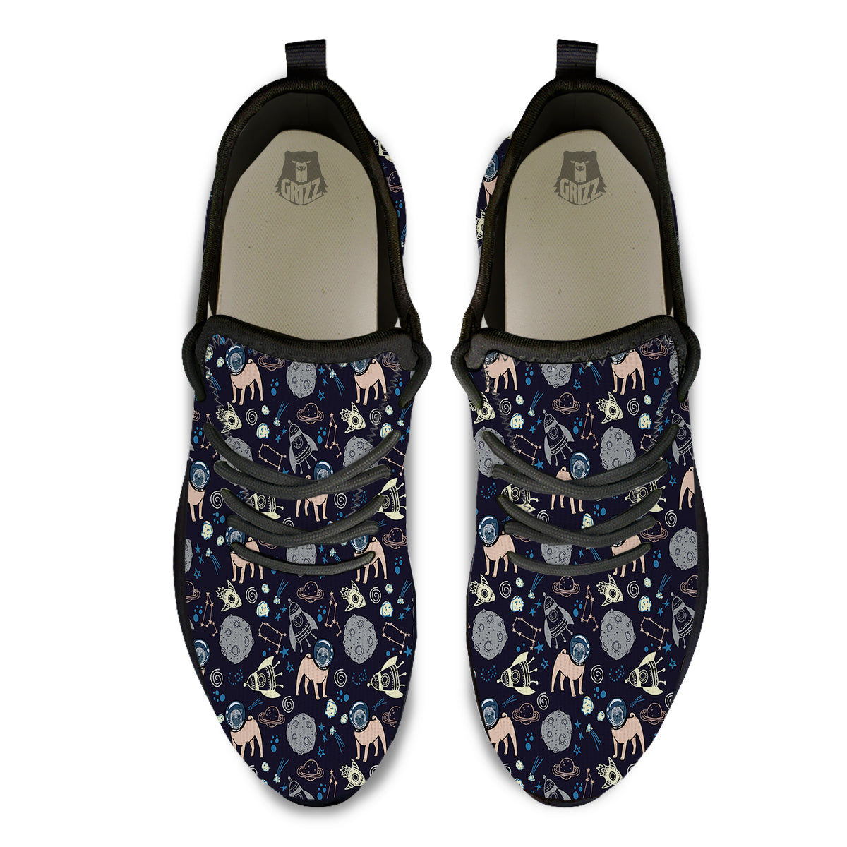 Pug And Astronaut In The Space Print Pattern Black Athletic Shoes-grizzshop