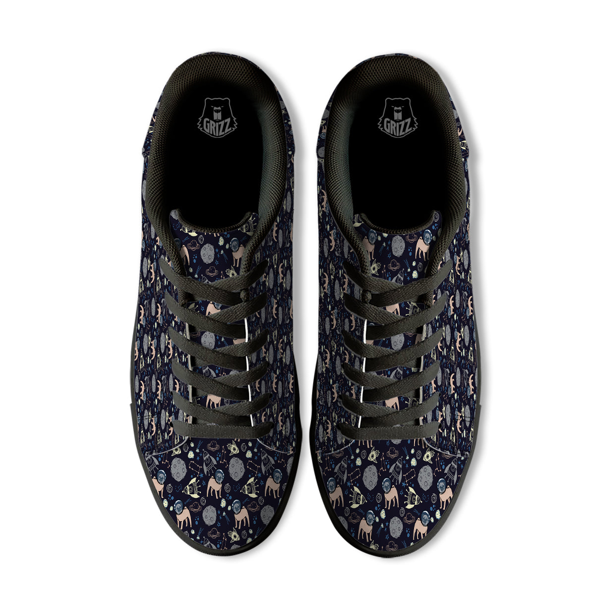Pug And Astronaut In The Space Print Pattern Black Low Top Sneakers-grizzshop