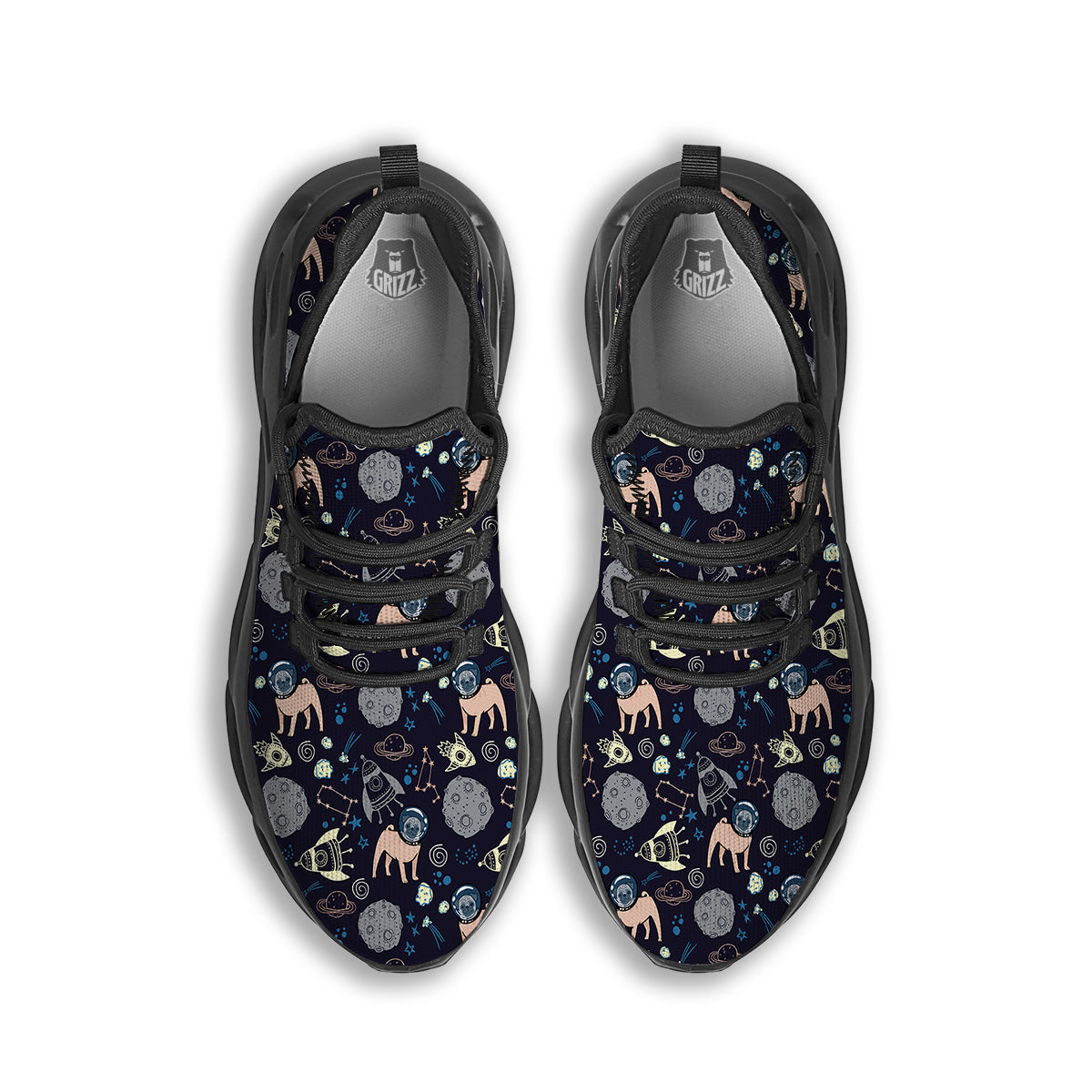 Pug And Astronaut In The Space Print Pattern Black Running Shoes-grizzshop