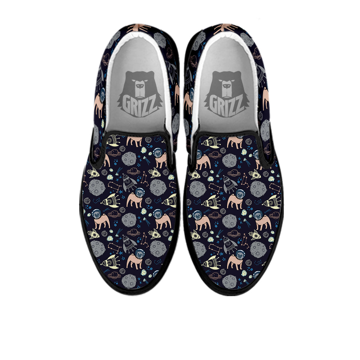 Pug And Astronaut In The Space Print Pattern Black Slip On Shoes-grizzshop