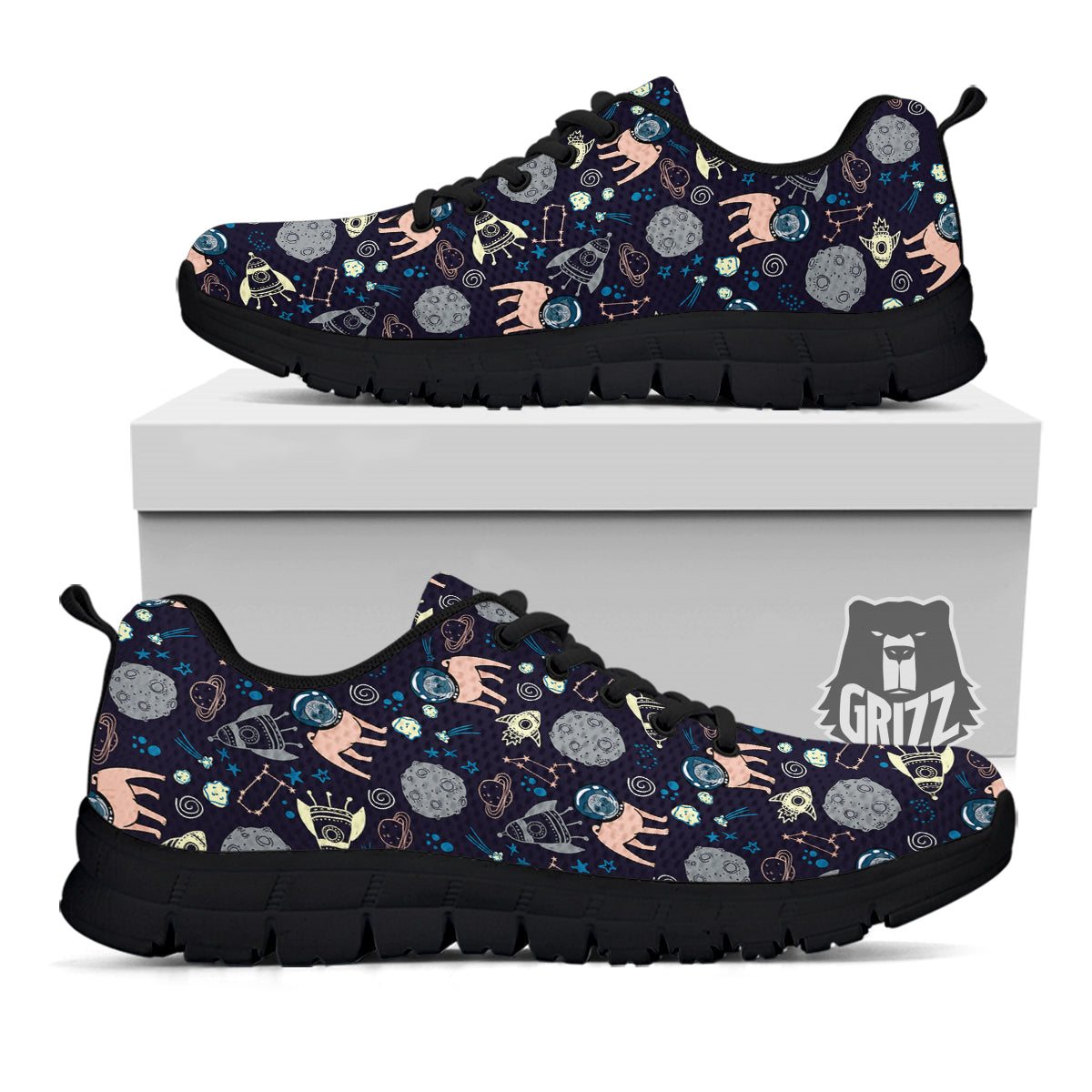 Pug And Astronaut In The Space Print Pattern Black Sneaker-grizzshop