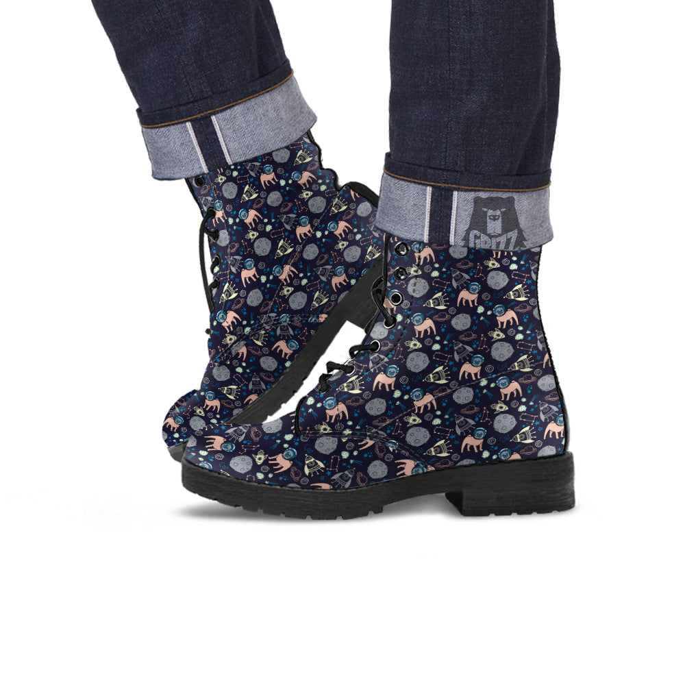 Pug And Astronaut In The Space Print Pattern Leather Boots-grizzshop