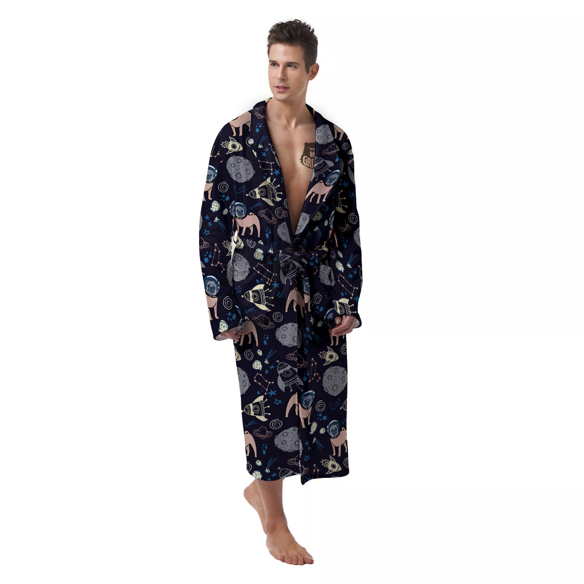 Pug And Astronaut In The Space Print Pattern Men's Robe-grizzshop
