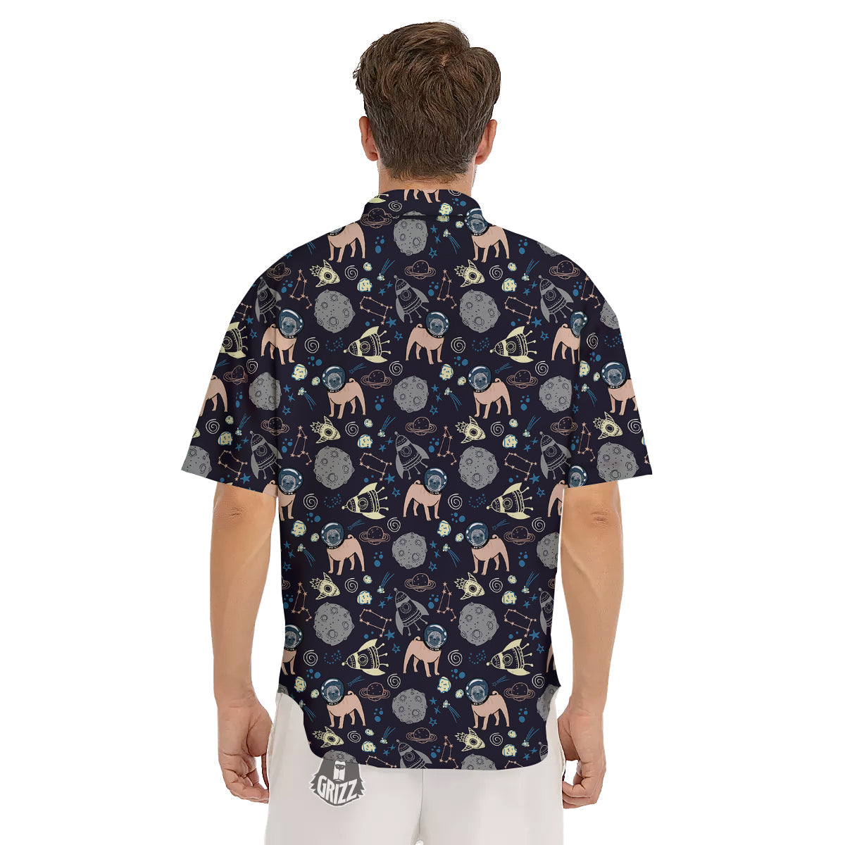 Pug And Astronaut In The Space Print Pattern Men's Short Sleeve Shirts-grizzshop