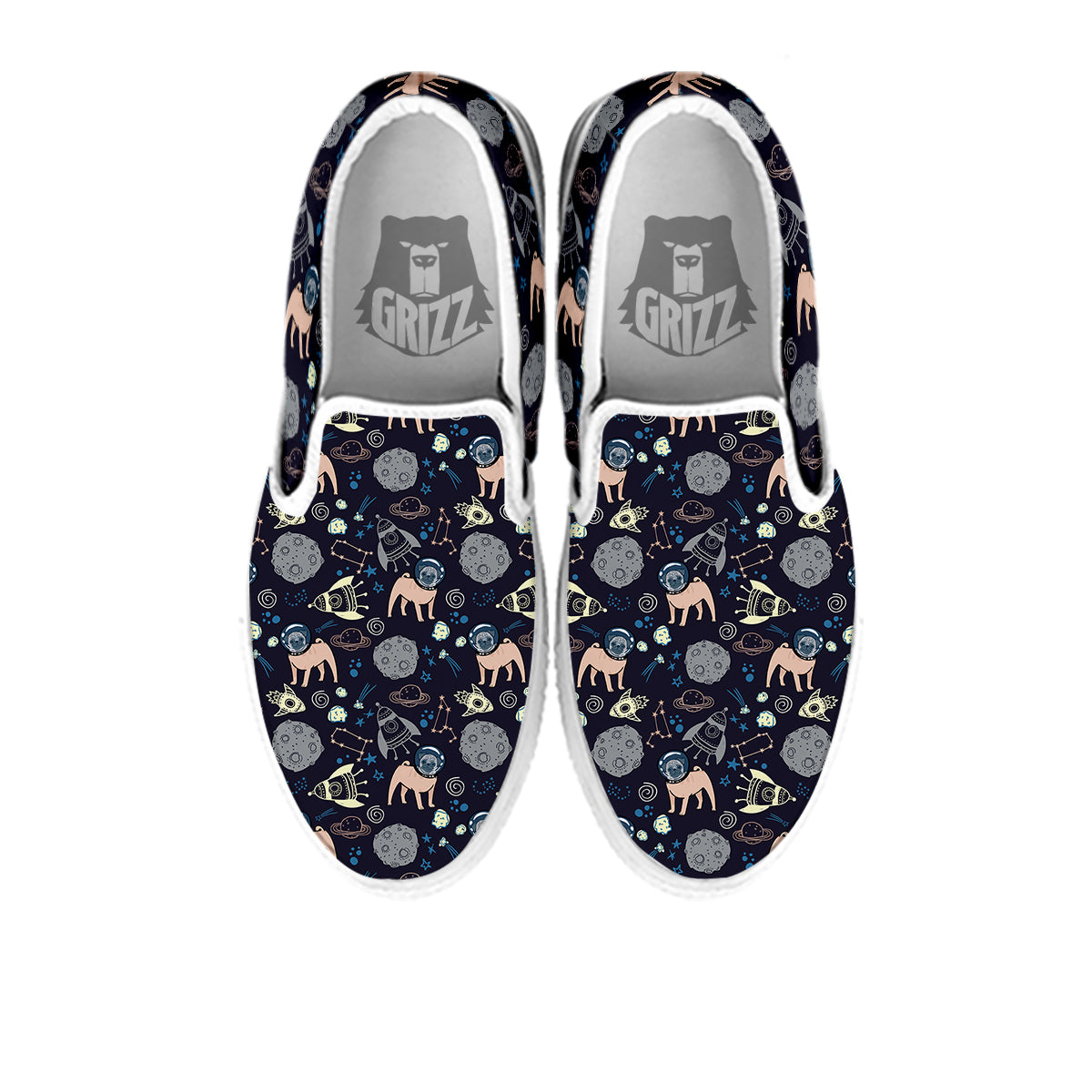 Pug And Astronaut In The Space Print Pattern White Slip On Shoes-grizzshop
