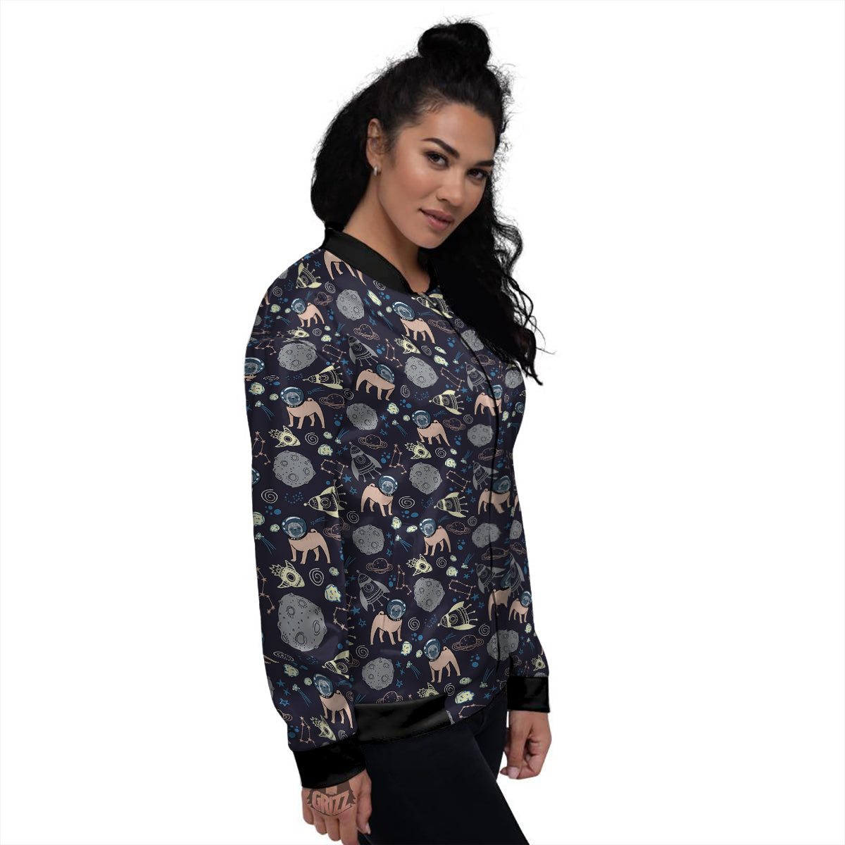 Pug And Astronaut In The Space Print Pattern Women's Bomber Jacket-grizzshop