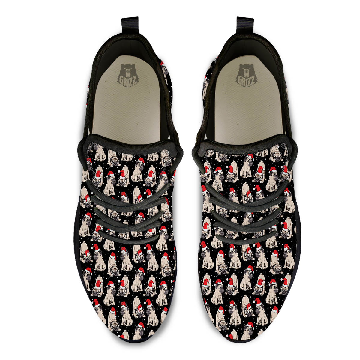 Pug Christmas Santa Print Pattern Black Athletic Shoes-grizzshop