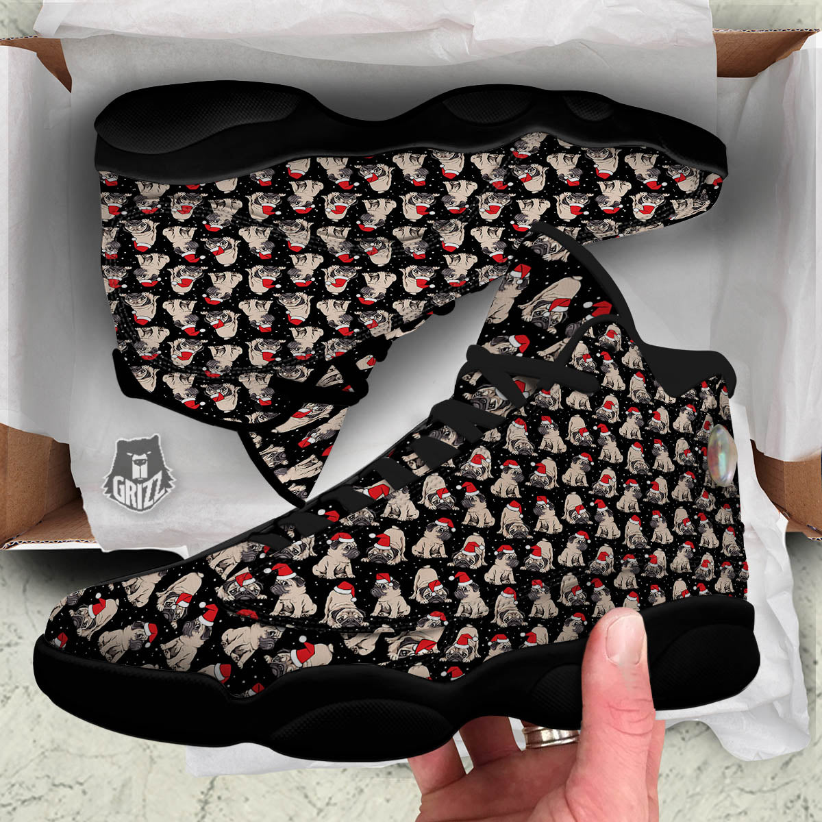 Pug Christmas Santa Print Pattern Black Basketball Shoes-grizzshop