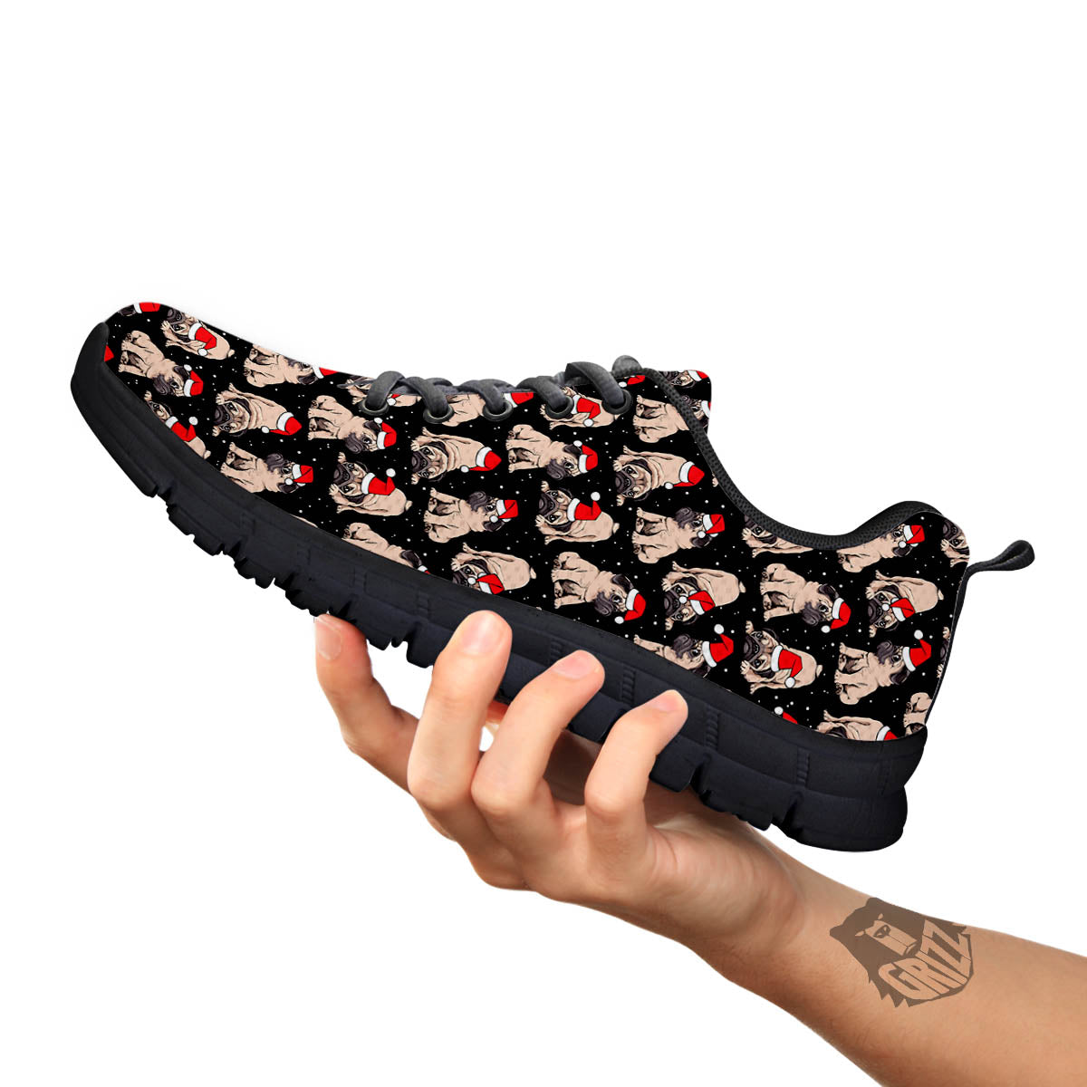 Pug Christmas Santa Print Pattern Black Sneaker-grizzshop