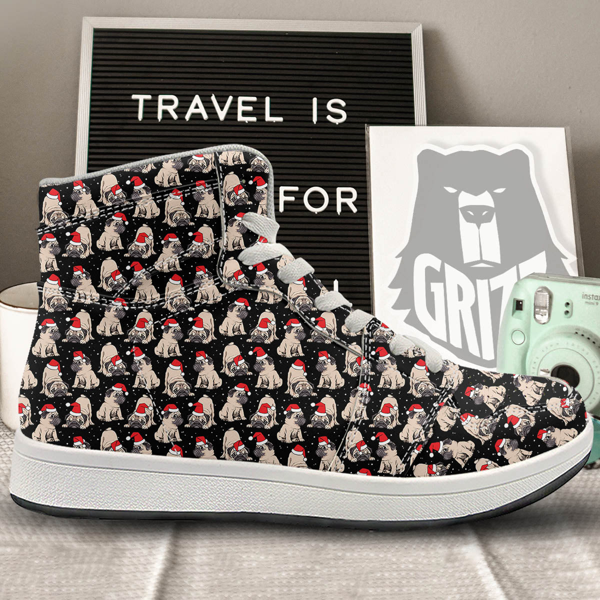 Pug Christmas Santa Print Pattern High Top Sneakers-grizzshop