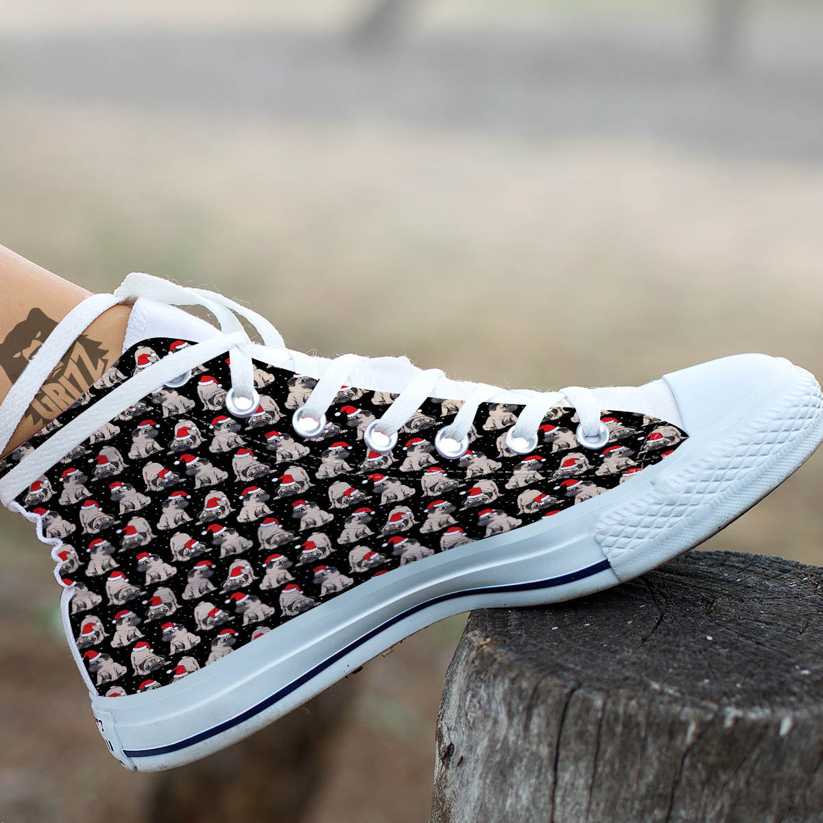 Pug Christmas Santa Print Pattern White High Top Shoes-grizzshop