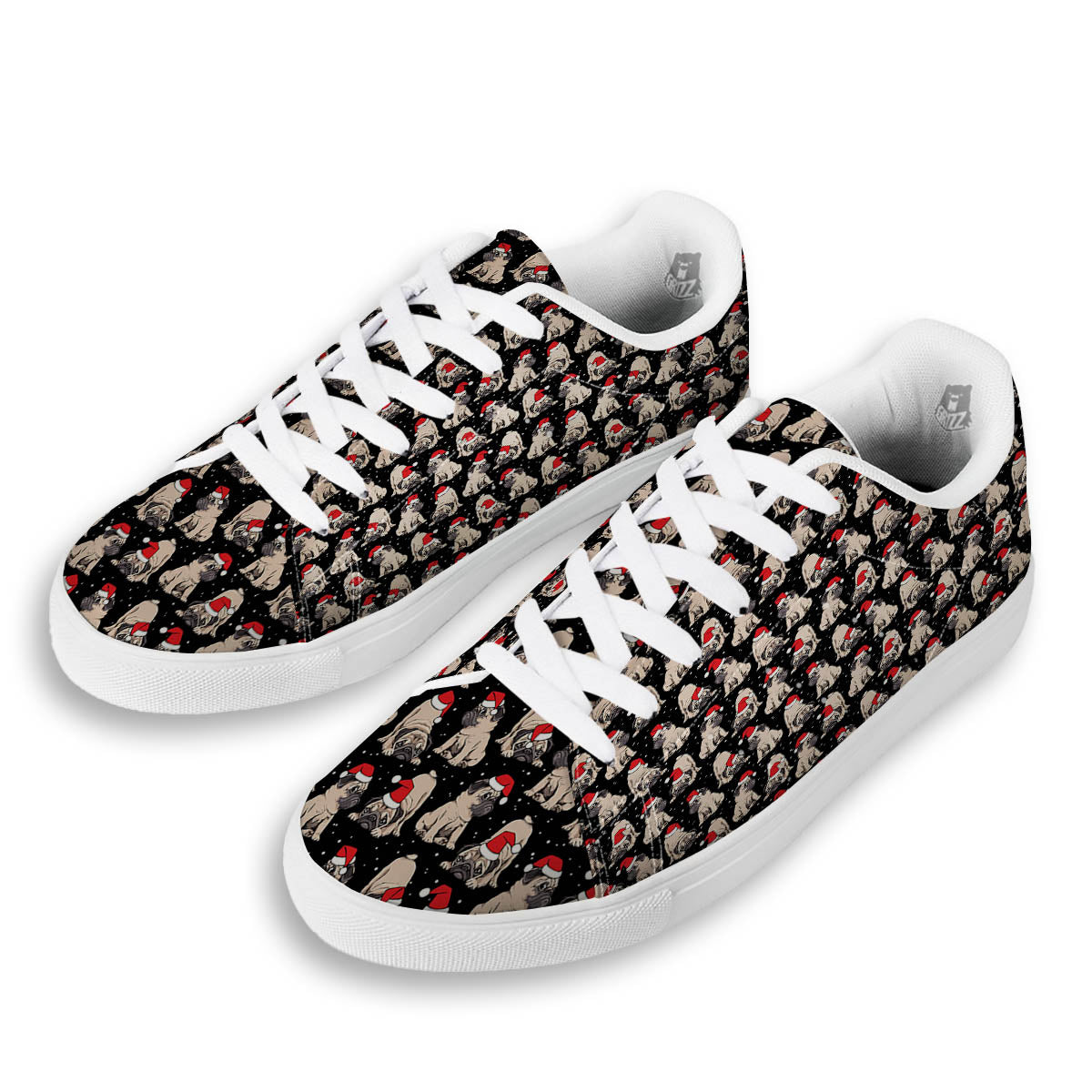 Pug Christmas Santa Print Pattern White Low Top Sneakers-grizzshop