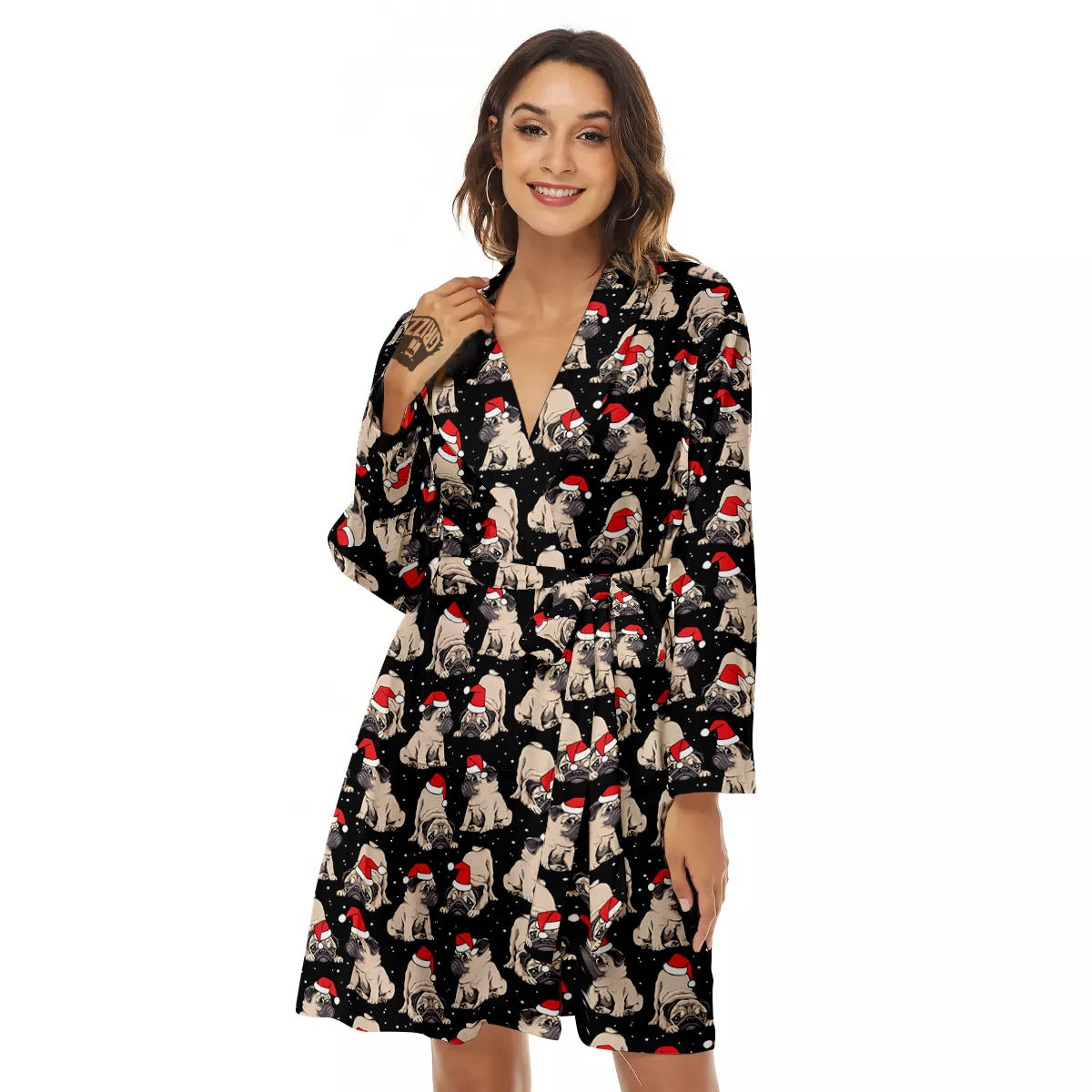 Pug Christmas Santa Print Pattern Women's Robe-grizzshop