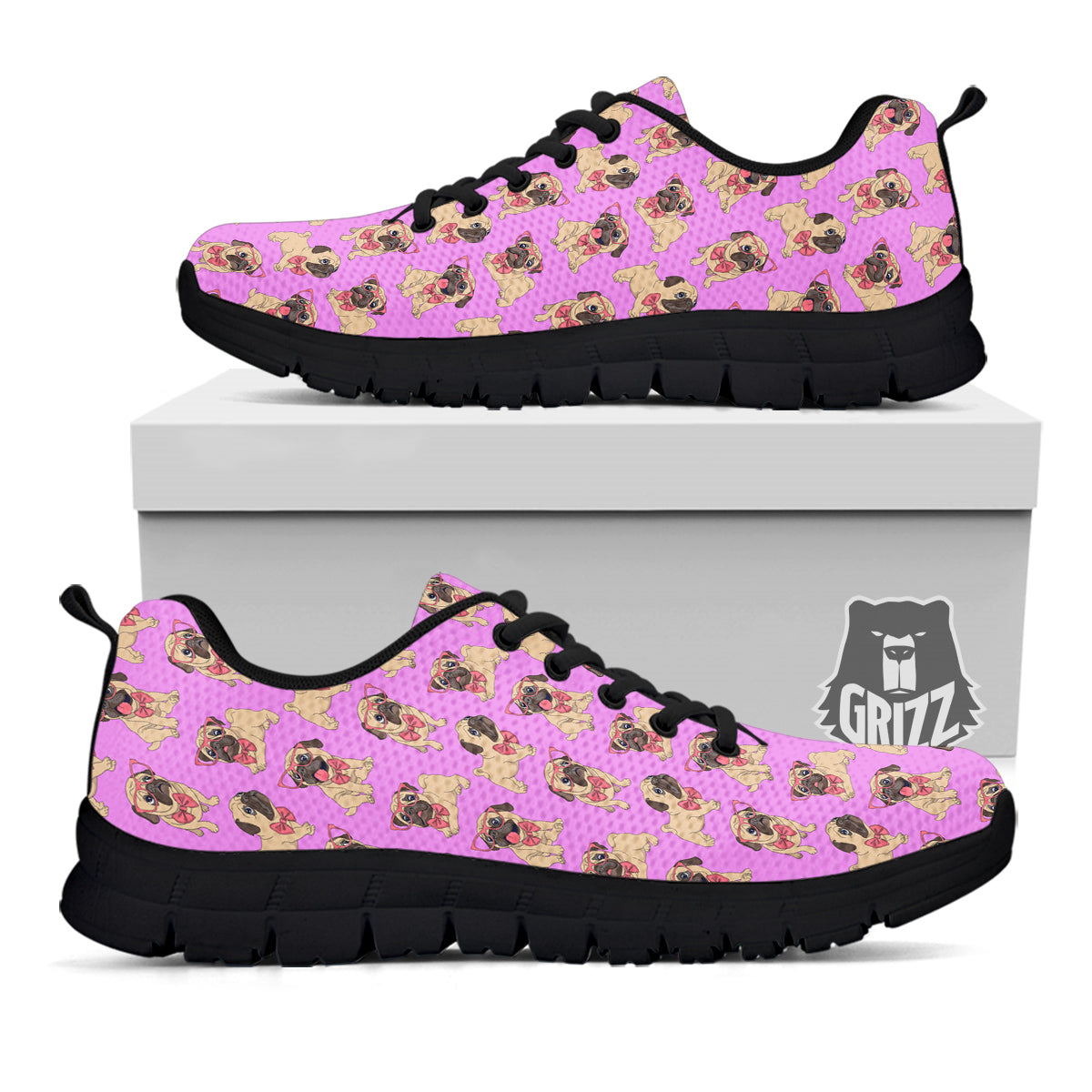 Pug Cute Print Pattern Black Sneaker-grizzshop