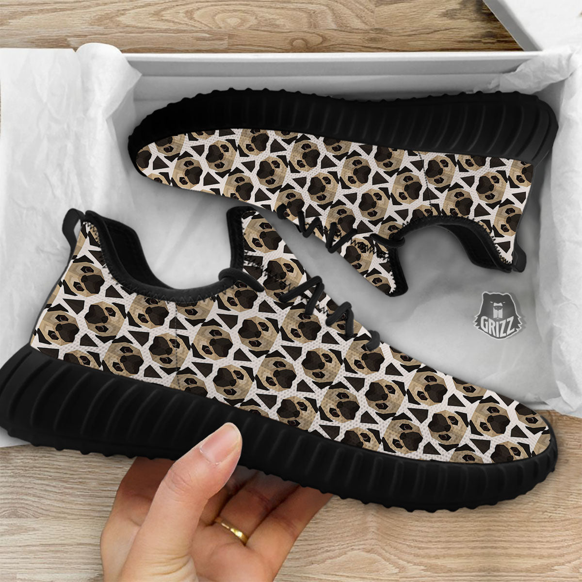 Pug Geometric Print Pattern Black Walking Shoes-grizzshop