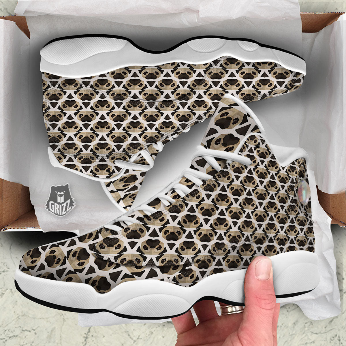 Pug Geometric Print Pattern White Basketball Shoes-grizzshop