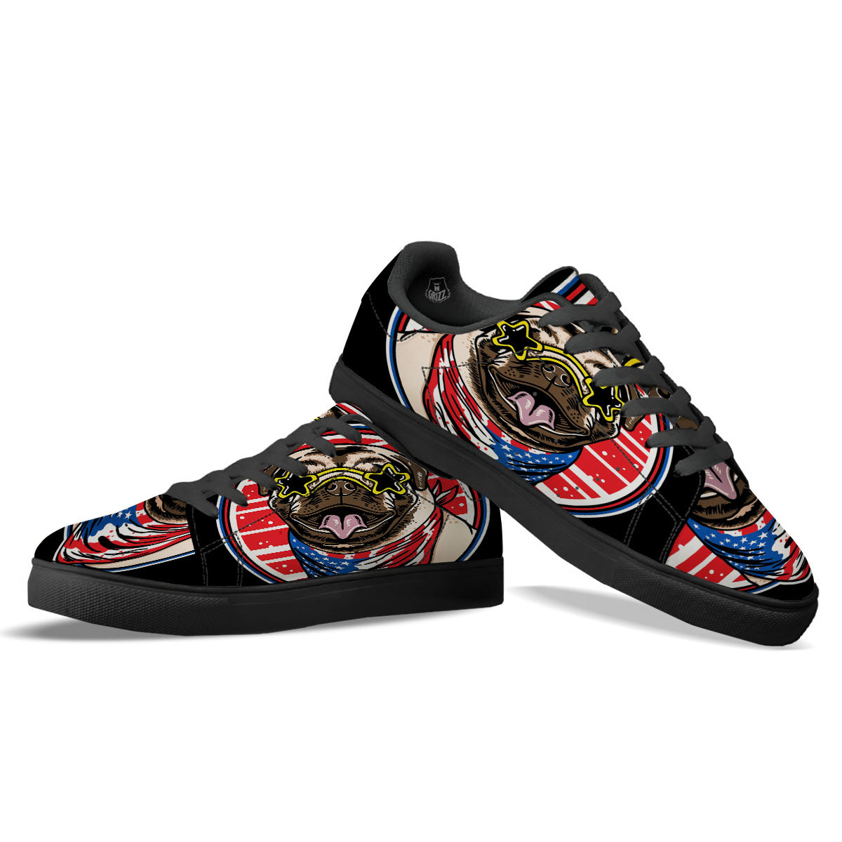 Pug Hipster Print Black Low Top Sneakers-grizzshop