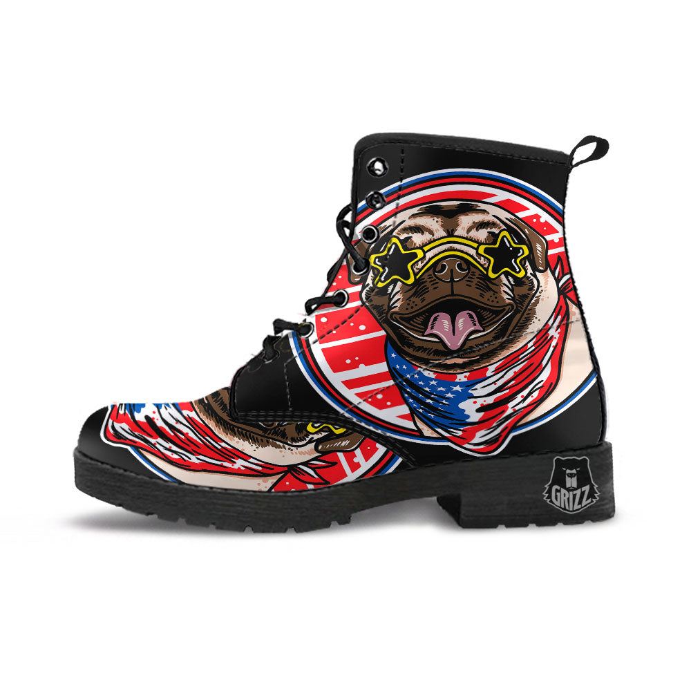 Pug Hipster Print Leather Boots-grizzshop