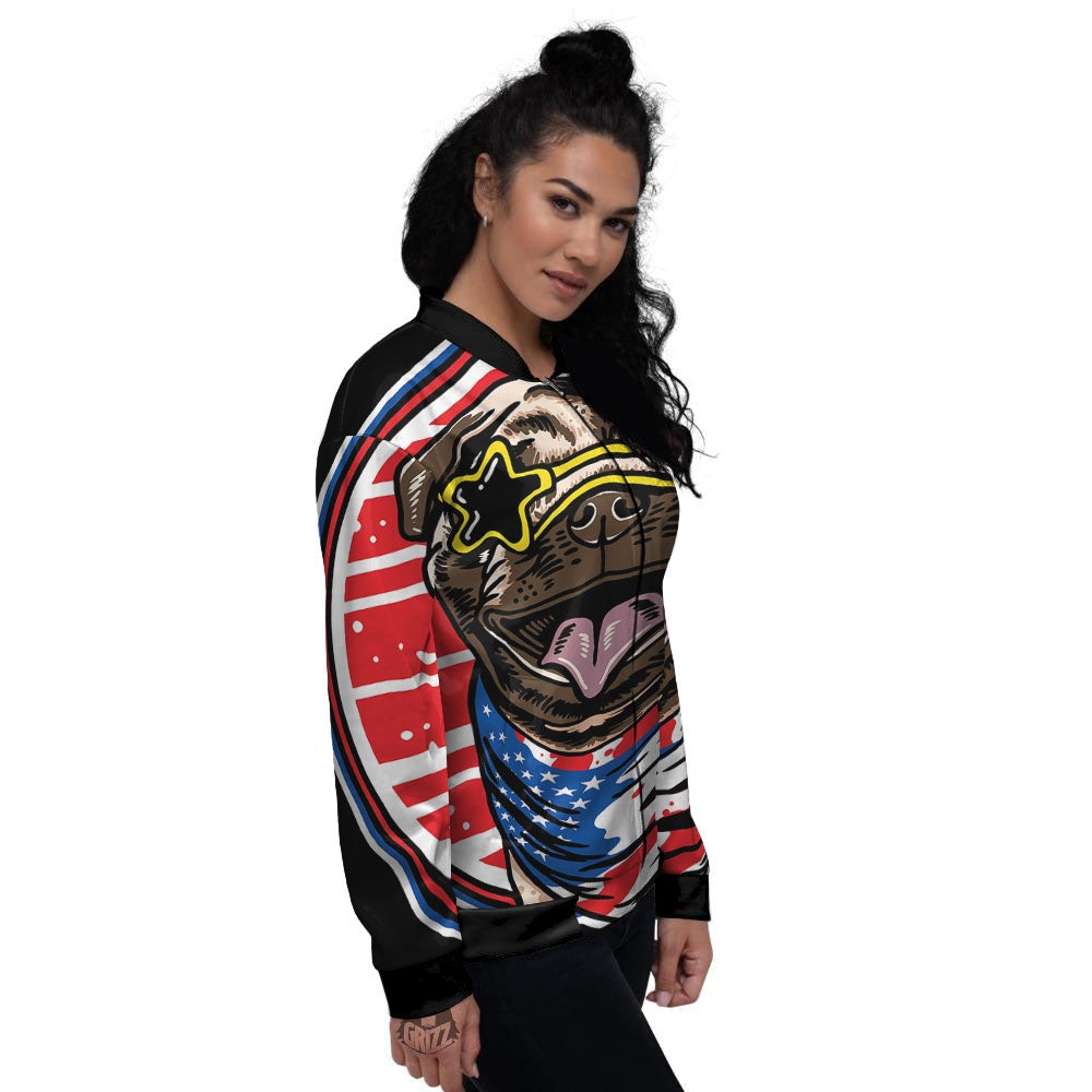 Pug Hipster Print Women's Bomber Jacket-grizzshop