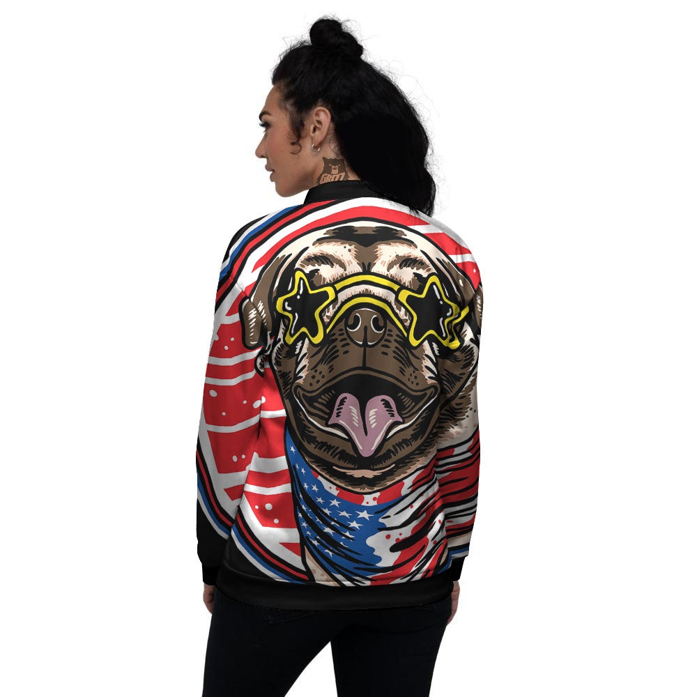 Pug Hipster Print Women's Bomber Jacket-grizzshop