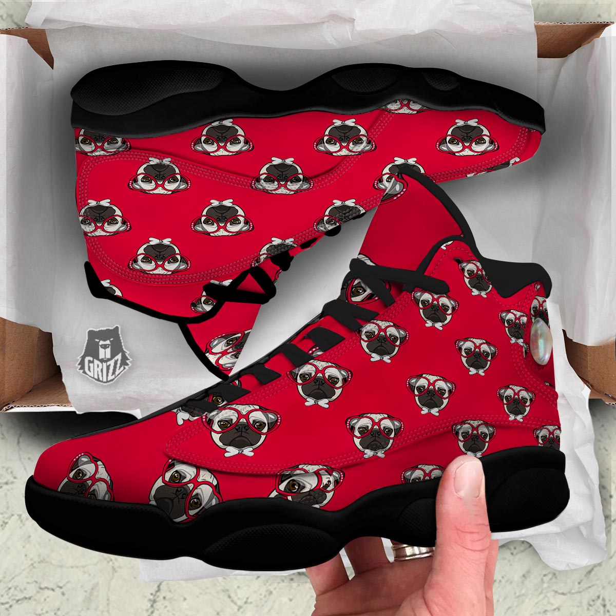 Pug Red Glasses Print Pattern Black Basketball Shoes-grizzshop