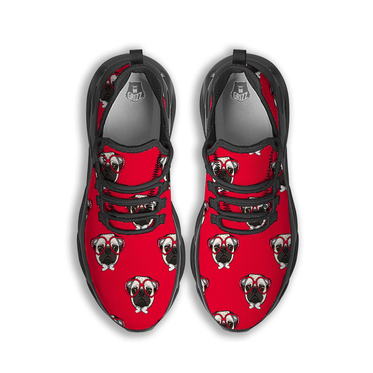 Pug Red Glasses Print Pattern Black Running Shoes-grizzshop