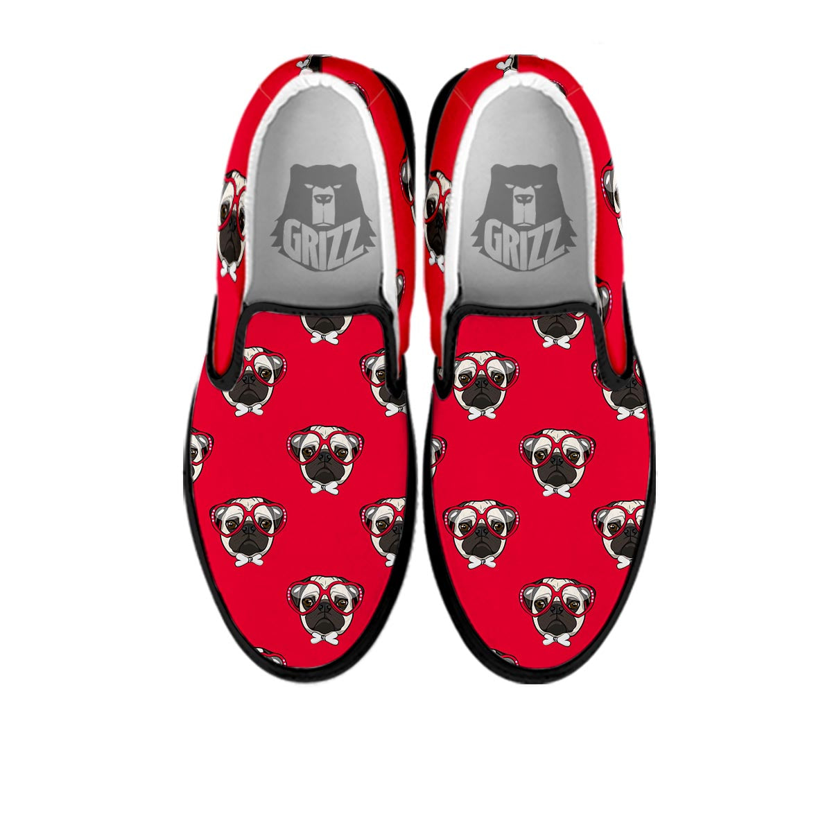 Pug Red Glasses Print Pattern Black Slip On Shoes-grizzshop