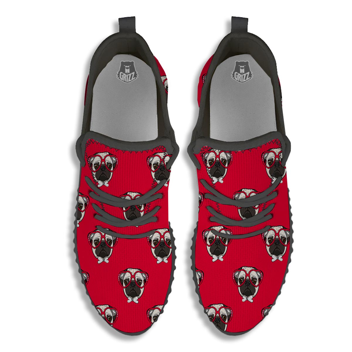 Pug Red Glasses Print Pattern Black Walking Shoes-grizzshop