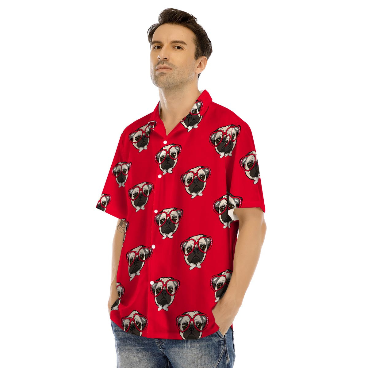 Pug Red Glasses Print Pattern Men's Hawaiian Shirt-grizzshop