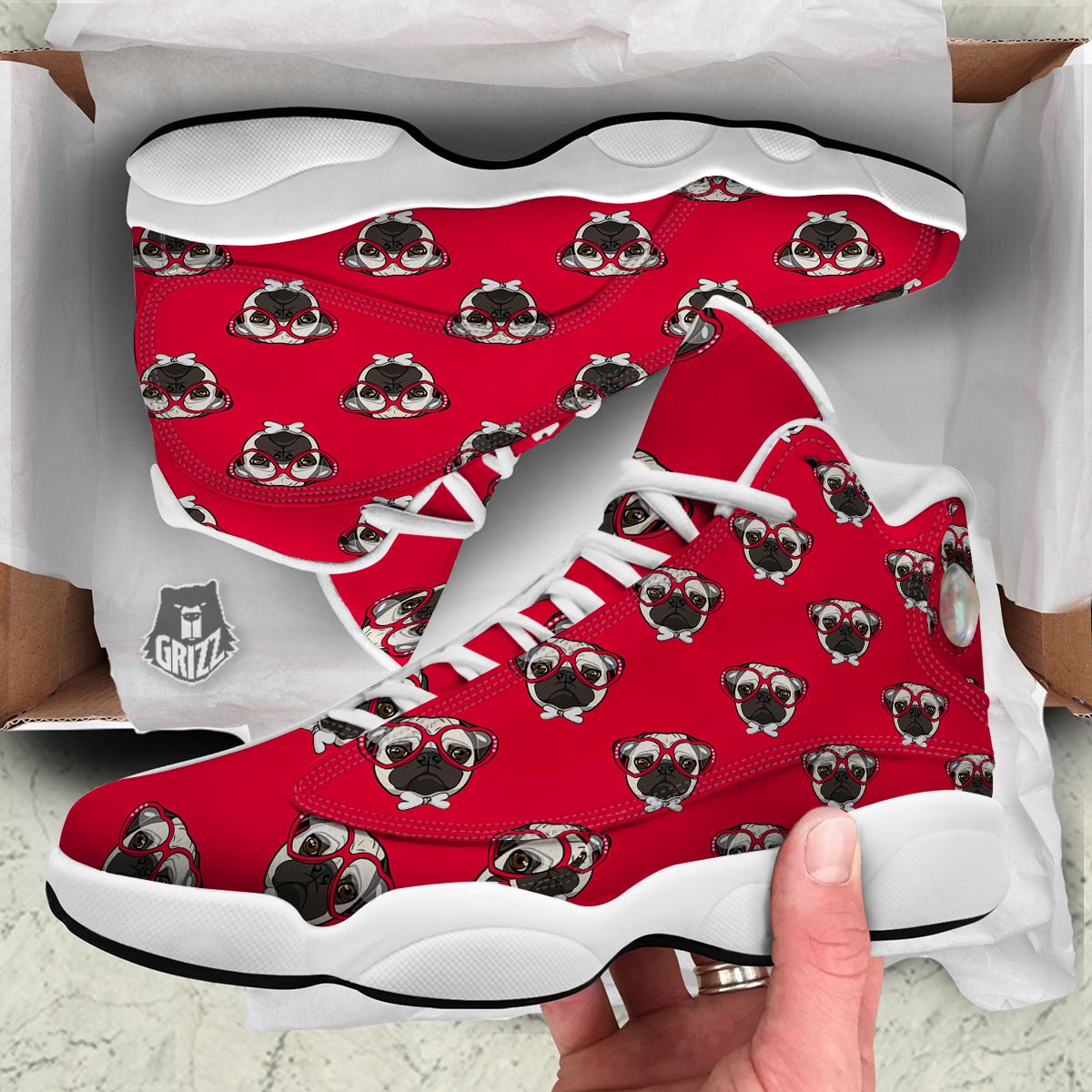 Pug Red Glasses Print Pattern White Basketball Shoes-grizzshop
