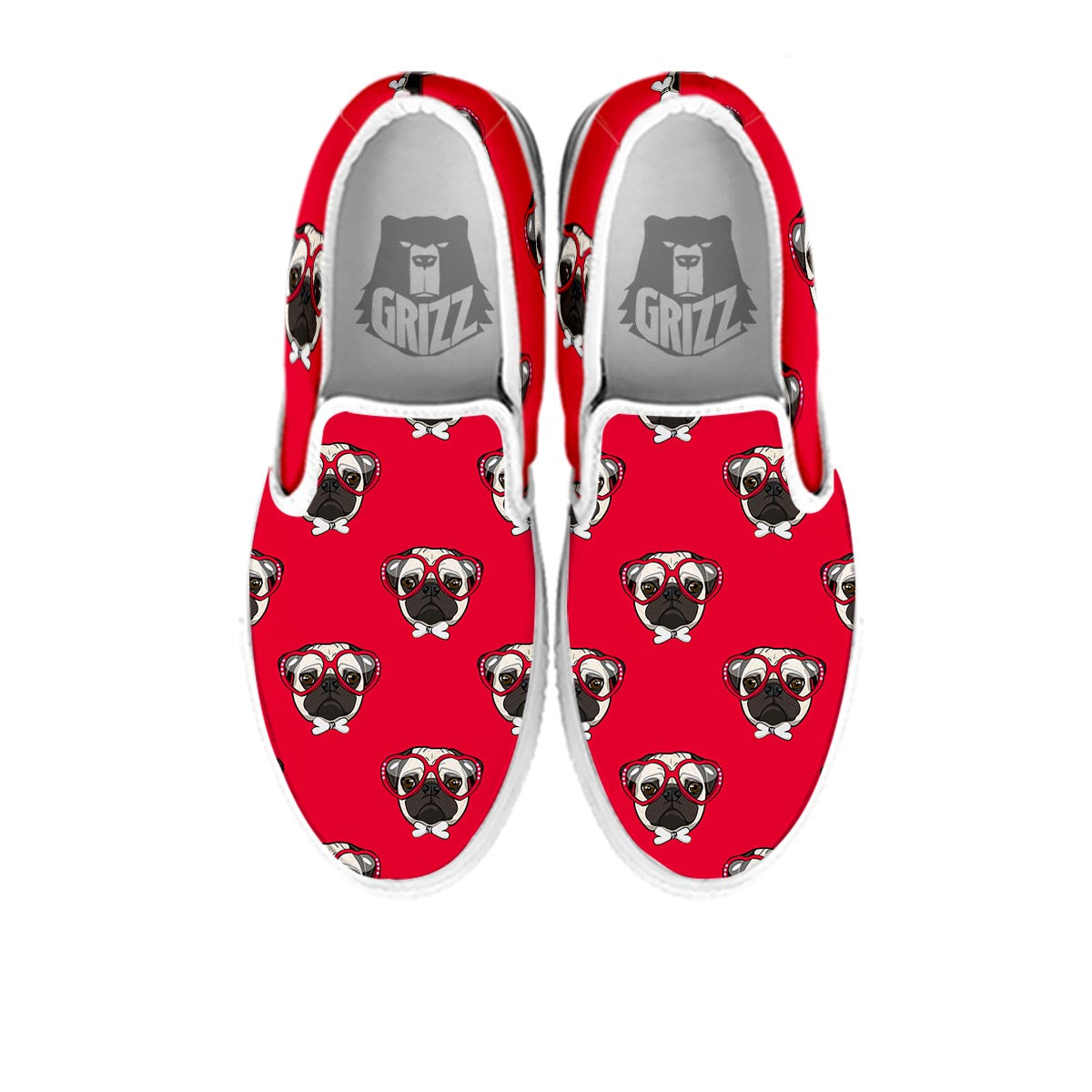 Pug Red Glasses Print Pattern White Slip On Shoes-grizzshop