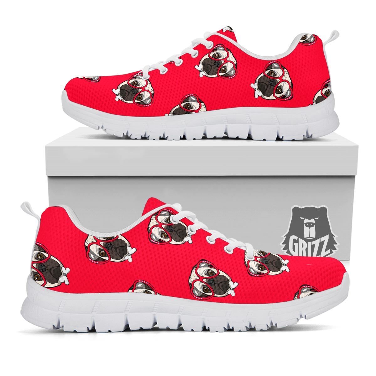 Pug Red Glasses Print Pattern White Sneaker-grizzshop