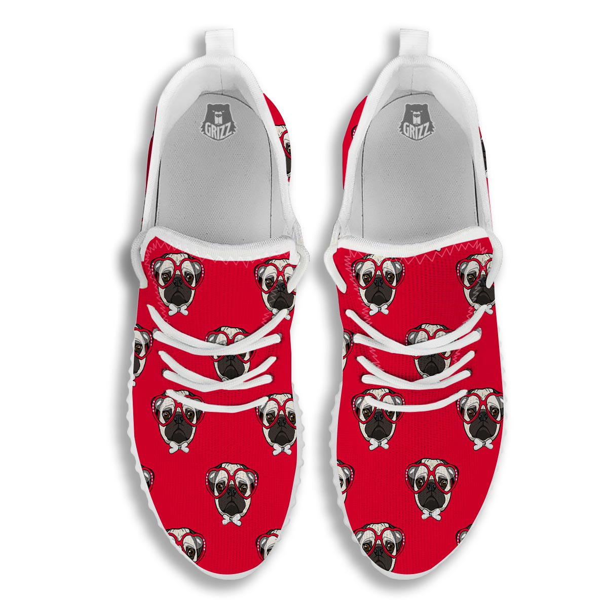 Pug Red Glasses Print Pattern White Walking Shoes-grizzshop