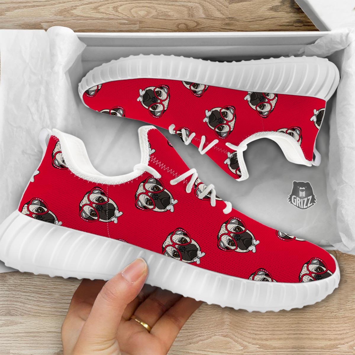 Pug Red Glasses Print Pattern White Walking Shoes-grizzshop