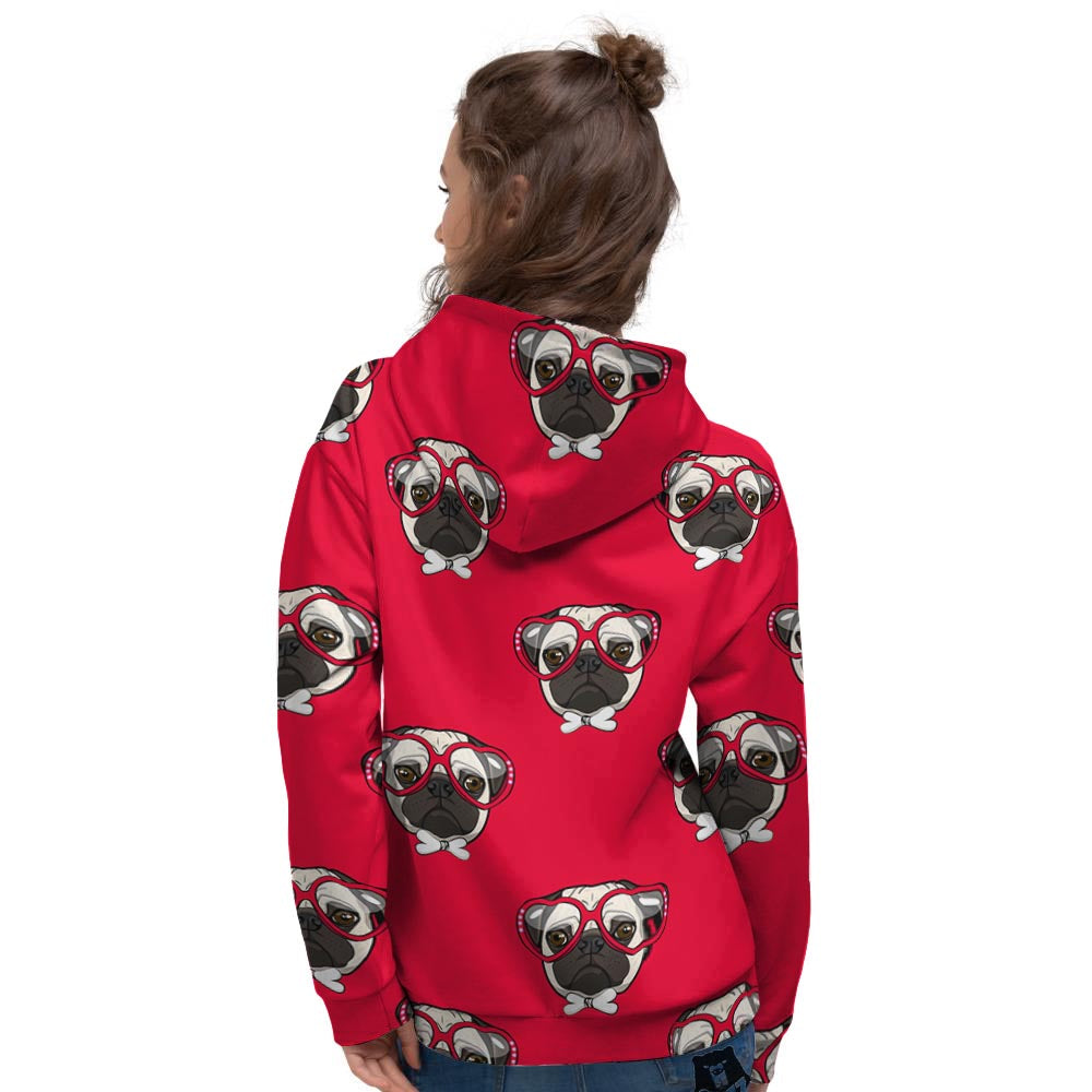 Pug Red Glasses Print Pattern Women's Hoodie-grizzshop