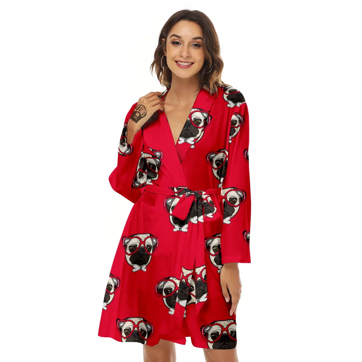 Pug Red Glasses Print Pattern Women's Robe-grizzshop
